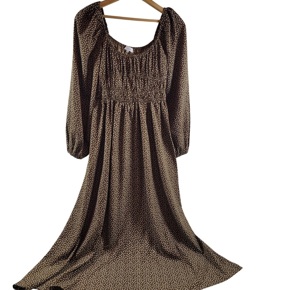Lilou Maxi Dress Womens Small Brown Excellent Floral Smocked Long Sleeve Slit